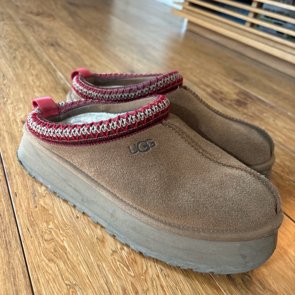 UGG Tan Mules with Red Accents